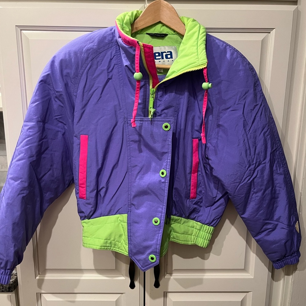 Vintage-Inspired Purple & Lime Ski Jacket with Pink Accents